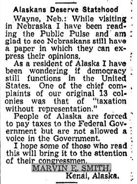 While visiting his home state of Nebraska in 1949, Marvin Smith wrote to the editor of a local paper to stump for Alaska statehood. (Image from the Evening World-Herald in Omaha)