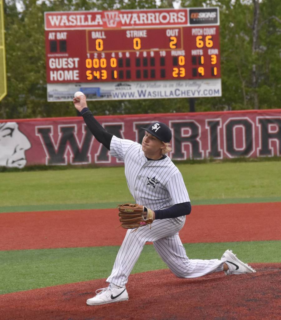 Soldotnas Trenton Ohnemus delivers to the final North Pole batter in the Stars victory in the Division II state championship game Saturday, June 1, 2024, at Wasilla High School in Wasilla, Alaska. (Photo by Jeff Helminiak/Peninsula Clarion)
