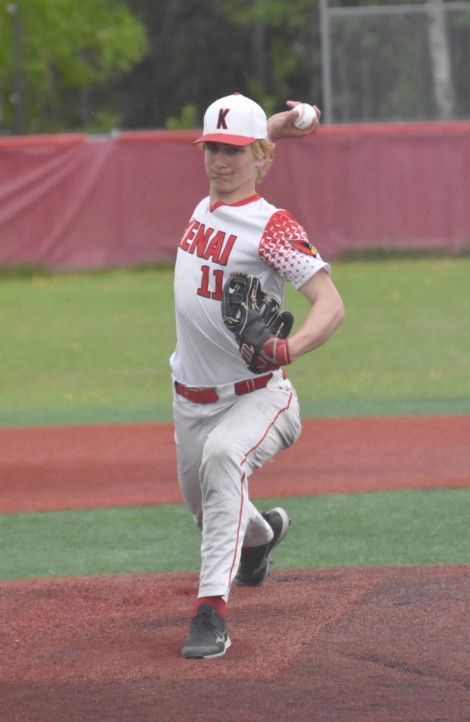 Kenai Centrals Braden Smith delivers to Palmer at the third-fifth-place game at the Division II state tournament Saturday, June 1, 2024, at Wasilla High School in Wasilla, Alaska. (Photo by Jeff Helminiak/Peninsula Clarion)