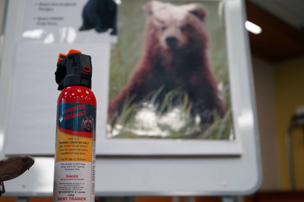 Training bear spray is displayed in a Trails and Hiking Discovery Room at the Kenai National Wildlife Refuge Visitors Center near Soldotna, Alaska, on Saturday, June 1, 2024. (Jake Dye/Peninsula Clarion)