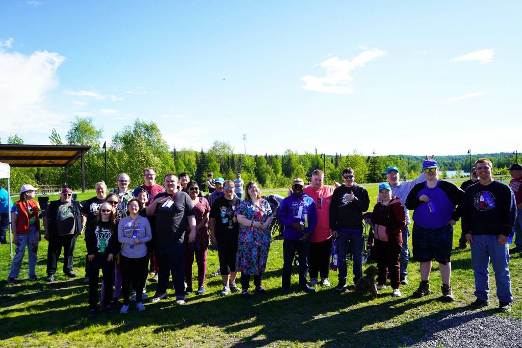 Central Kenai Peninsula athletes who will be competing in the Special Olympics Alaska 2024 Summer State Games stand for a photo at Soldotna Creek Park in Soldotna, Alaska, on Tuesday, June 4, 2024. (Jake Dye/Peninsula Clarion)