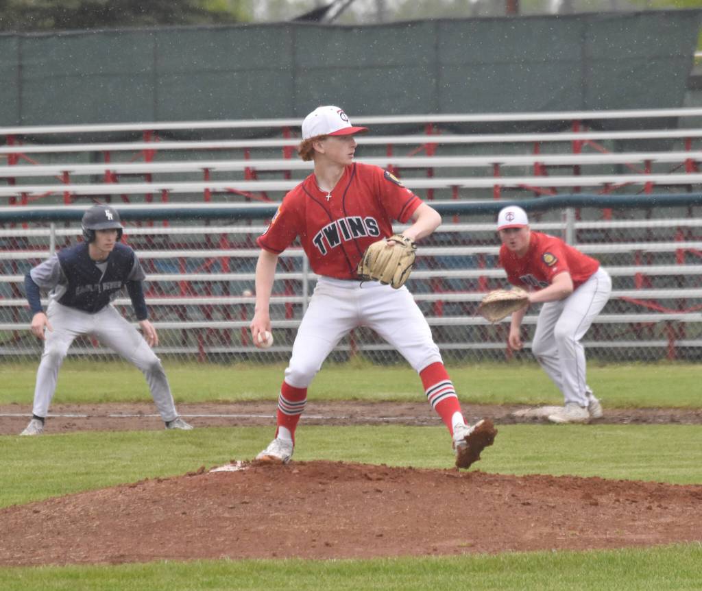 American Legion Post 20 Twins starter Malakai Olson delivers to Eagle River on Wednesday, June 5, 2024, at Coral Seymour Memorial Park in Kenai, Alaska. (Photo by Jeff Helminiak/Peninsula Clarion)