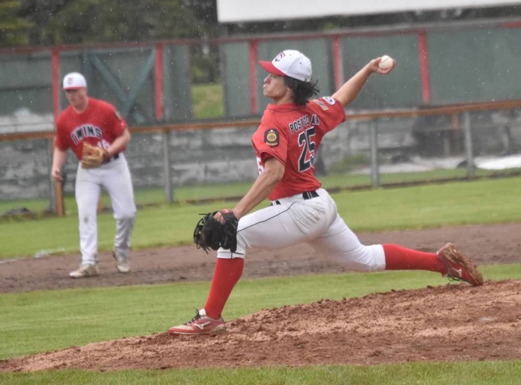 American Legion Post 20 Twins pitcher Gabe Smith delivers to Eagle River on Wednesday, June 5, 2024, at Coral Seymour Memorial Park in Kenai, Alaska. (Photo by Jeff Helminiak/Peninsula Clarion)