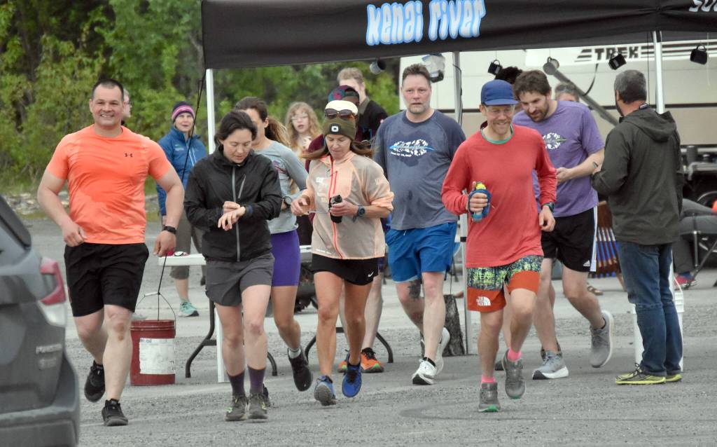 Runners start the fifth lap at the Tsalteshi Backyard Ultra at the Soldotna Regional Sports Complex on Friday, June 8, 2024, in Soldotna, Alaska. (Photo by Jeff Helminiak/Peninsula Clarion)