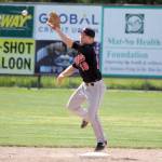 Oilers infielder Cole Dawson catches a throw from the outfield before trying to make the tag at second during a loss to the Mat-Su Miners on Sunday, June 9, 2024, at Hermon Brothers Field in Palmer, Alaska. (Photo by Jeremiah Bartz/Frontiersman)