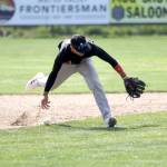 Oilers shortstop Petey Soto tries to bare-hand a ground ball during a 9-2 loss to the Mat-Su Miners on Sunday, June 9, 2024, at Hermon Brothers Field in Palmer, Alaska. (Photo by Jeremiah Bartz/Frontiersman)