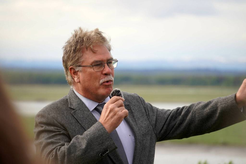 City of Kenai Mayor Brian Gabriel speaks at the ribbon-cutting for the Kenai River Bluff Stabilization Project on the bluff above the Kenai River in Kenai, Alaska, on Monday, June 10, 2024. (Jake Dye/Peninsula Clarion)