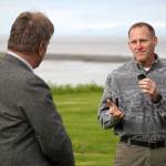 City of Kenai Mayor Brian Gabriel and Acting Program Manager Randy Bowker from the U.S. Army Corps of Engineers speak at the ribbon-cutting for the Kenai River Bluff Stabilization Project on the bluff above the Kenai River in Kenai, Alaska, on Monday, June 10, 2024. (Jake Dye/Peninsula Clarion)