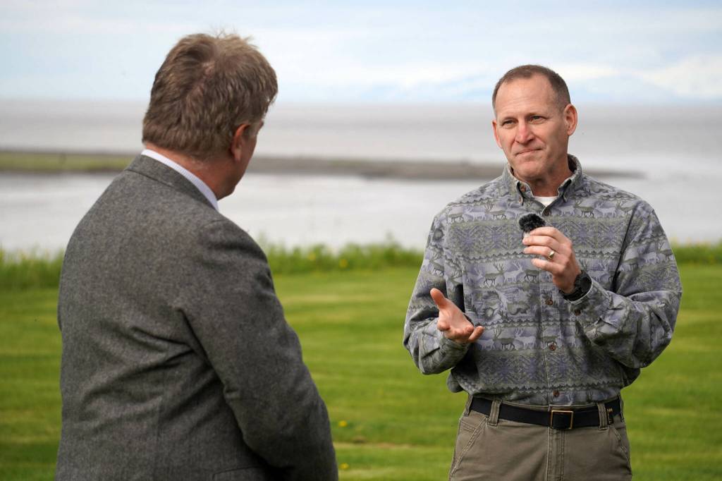 City of Kenai Mayor Brian Gabriel and Acting Program Manager Randy Bowker from the U.S. Army Corps of Engineers speak at the ribbon-cutting for the Kenai River Bluff Stabilization Project on the bluff above the Kenai River in Kenai, Alaska, on Monday, June 10, 2024. (Jake Dye/Peninsula Clarion)