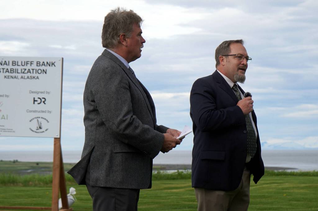 City of Kenai Mayor Brian Gabriel and City Manager Terry Eubank speak at the ribbon-cutting for the Kenai River Bluff Stabilization Project on the bluff above the Kenai River in Kenai, Alaska, on Monday, June 10, 2024. (Jake Dye/Peninsula Clarion)