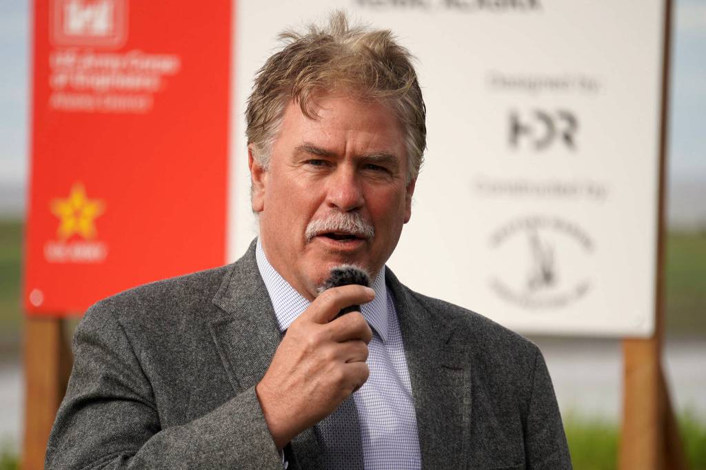 City of Kenai Mayor Brian Gabriel speaks at the ribbon-cutting for the Kenai River Bluff Stabilization Project on the bluff above the Kenai River in Kenai, Alaska, on Monday, June 10, 2024. (Jake Dye/Peninsula Clarion)
