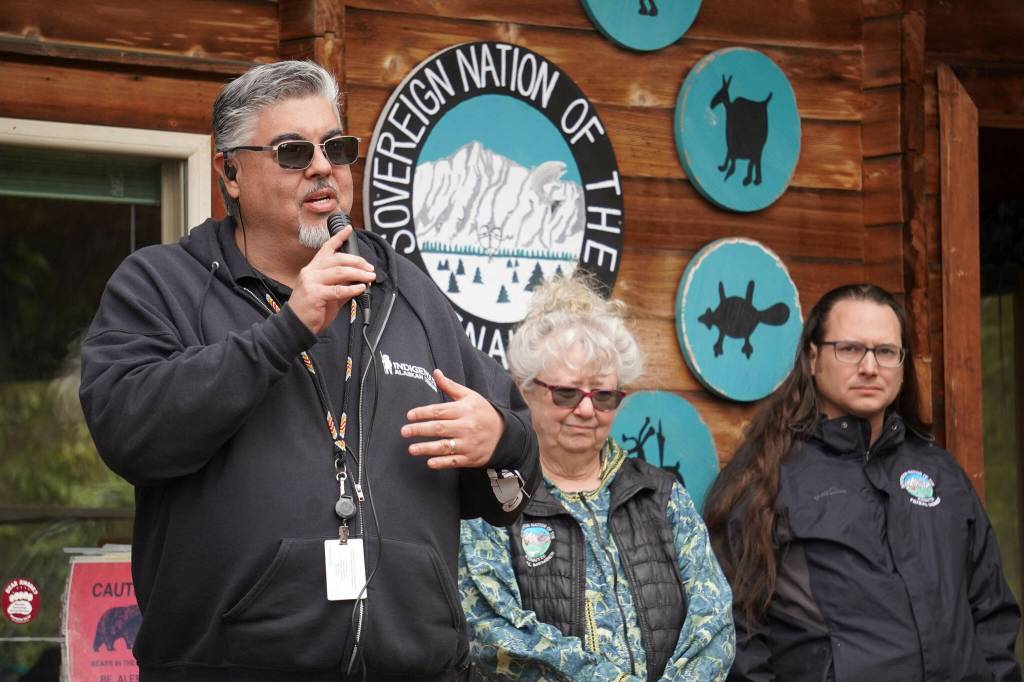 Michael Bernard, cultural resource supervisor for the Kenaitze Indian Tribe, speaks during a reopening celebration for the Kbeq Cultural Heritage Interpretive Site near Cooper Landing, Alaska, on Friday, June 7, 2024. (Jake Dye/Peninsula Clarion)