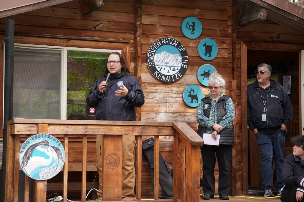 Joel Isaak speaks during a reopening celebration for the Kbeq Cultural Heritage Interpretive Site near Cooper Landing, Alaska, on Friday, June 7, 2024. (Jake Dye/Peninsula Clarion)