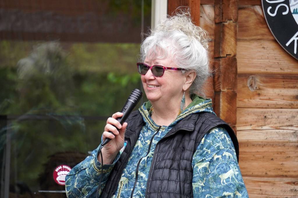 Bernadine Atchison, Tribal Council chair for the Kenaitze Indian Tribe, speaks during a reopening celebration for the Kbeq Cultural Heritage Interpretive Site near Cooper Landing, Alaska, on Friday, June 7, 2024. (Jake Dye/Peninsula Clarion)