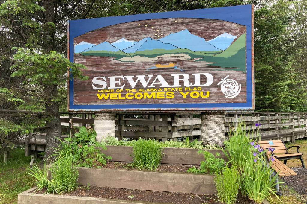 A sign welcomes visitors on July 7, 2021, in Seward, Alaska. (Photo by Jeff Helminiak/Peninsula Clarion)