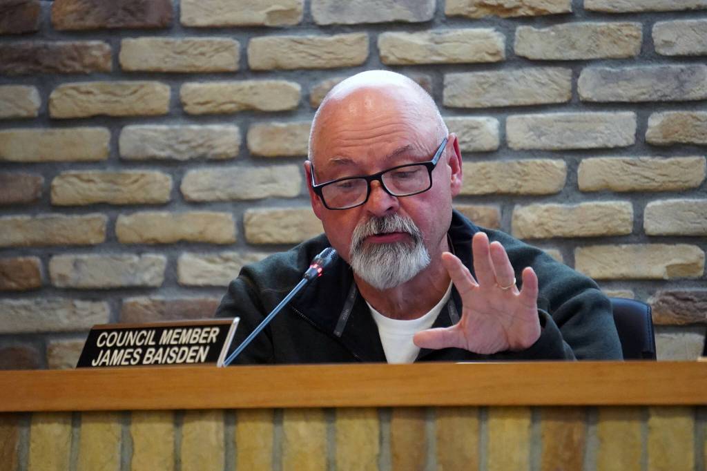 Council member James Baisden speaks in favor of an amendment to the City of Kenais budget that would add funds for construction of a veterans memorial column in the Kenai Cemetery during a meeting of the Kenai City Council in Kenai, Alaska, on Wednesday, June 5, 2024. (Jake Dye/Peninsula Clarion)