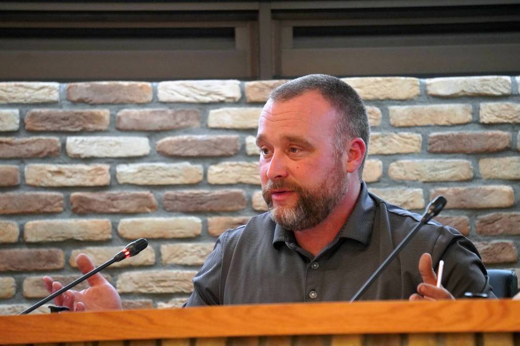 Council member Alex Douthit speaks in favor of an amendment to the CIty of Kenais budget that would reduce funds allocated to the Storefront and Streetscape Improvement Program during a meeting of the Kenai City Council in Kenai, Alaska, on Wednesday, June 5, 2024. (Jake Dye/Peninsula Clarion)