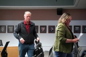 Design Project Manager Steve Noble and Public Involvement Lead Stephanie Queen appear to discuss the Sterling Safety Corridor Improvements project during a meeting of the Soldotna City Council in Soldotna, Alaska, on Wednesday, June 12, 2024. (Jake Dye/Peninsula Clarion)