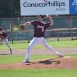 Colin Doherty of Dimond Lynx Post 21 delivers to the American Legion Post 20 Twins on Saturday, June 15, 2024, at Coral Seymour Memorial Park in Kenai, Alaska. (Photo by Jeff Helminiak/Peninsula Clarion)