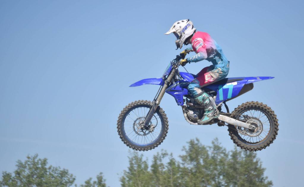 Homers Tanner Gallios competes in 450 Expert at Alaska State Motocross Race #4 at Twin City Raceway in Kenai, Alaska, on Sunday, June 16, 2024. (Photo by Jeff Helminiak/Peninsula Clarion)