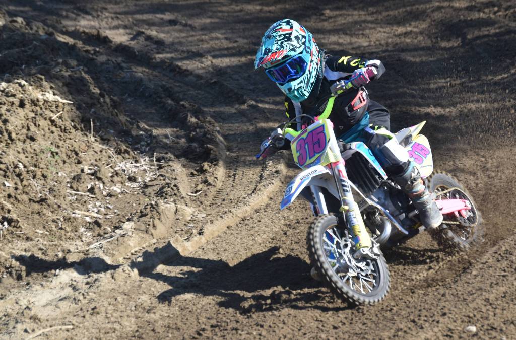 Soldotnas Karbon Lindley competes at 65 Expert at Alaska State Motocross Race #4 at Twin City Raceway in Kenai, Alaska, on Sunday, June 16, 2024. (Photo by Jeff Helminiak/Peninsula Clarion)