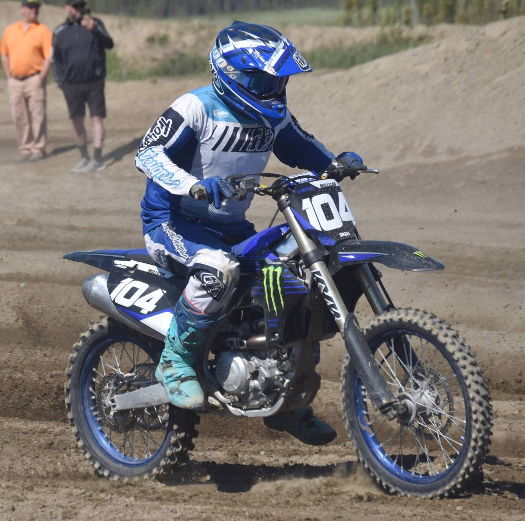 Soldotnas Shane Mullican competes in Vet Intermediate at Alaska State Motocross Race #4 at Twin City Raceway in Kenai, Alaska, on Sunday, June 16, 2024. (Photo by Jeff Helminiak/Peninsula Clarion)