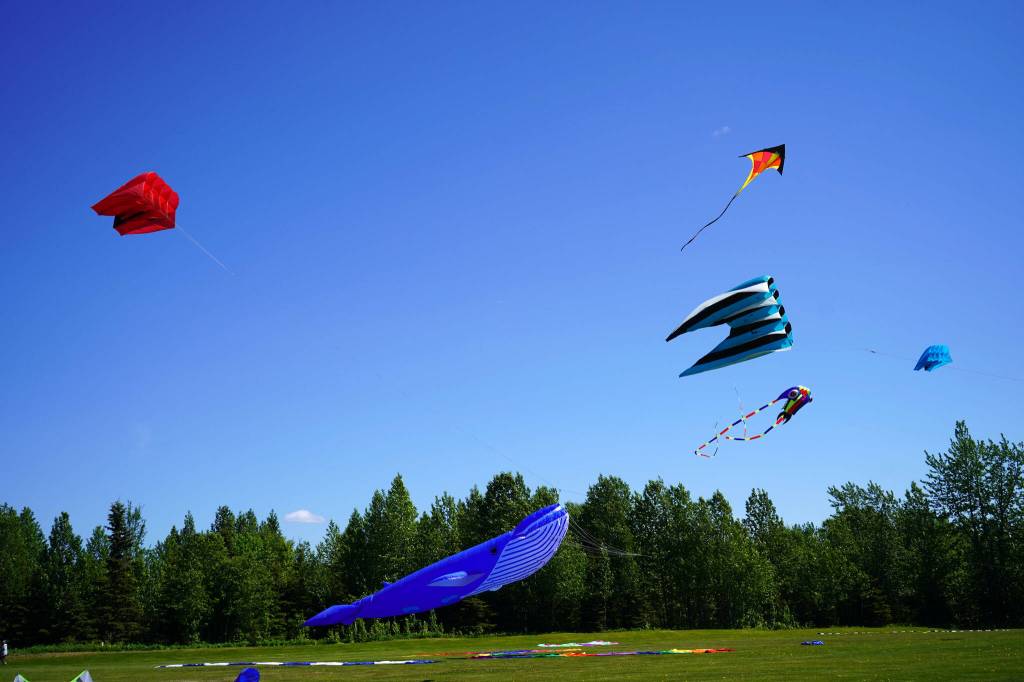 Kites flown by Alaskiters rise into the sky above Millennium Square in Kenai, Alaska, during the Kenai Kite Festival on Saturday, June 15, 2024. (Jake Dye/Peninsula Clarion)