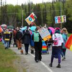 Marchers walk from the Soldotna Regional Sports Complex to Soldotna Creek Park as part of Soldotna Pride in the Park on Saturday, June 3, 2023, in Soldotna, Alaska. (Ashlyn OHara/Peninsula Clarion)