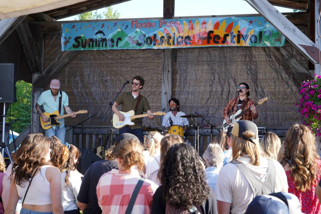 The Jangle Bees perform during the 45th Annual Moose Pass Summer Solstice Festival in Moose Pass, Alaska, on Saturday, June 15, 2024. (Jake Dye/Peninsula Clarion)