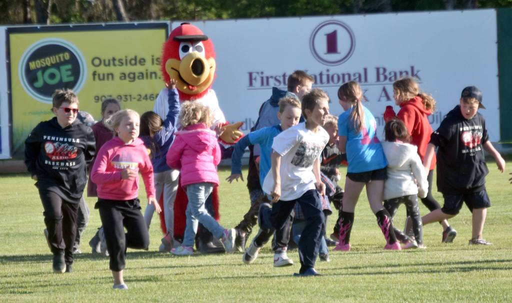 Peninsula Oilers fans play tag the mascot with Scoop on Tuesday, June 18, 2024, at Coral Seymour Memorial Park in Kenai, Alaska. (Photo by Jeff Helminiak/Peninsula Clarion)