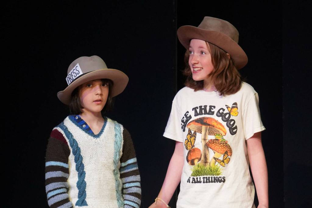 Young actors rehearse their production during a drama camp put on by the Kenai Performers in their theater near Soldotna, Alaska, on Thursday, June 20, 2024. (Jake Dye/Peninsula Clarion)