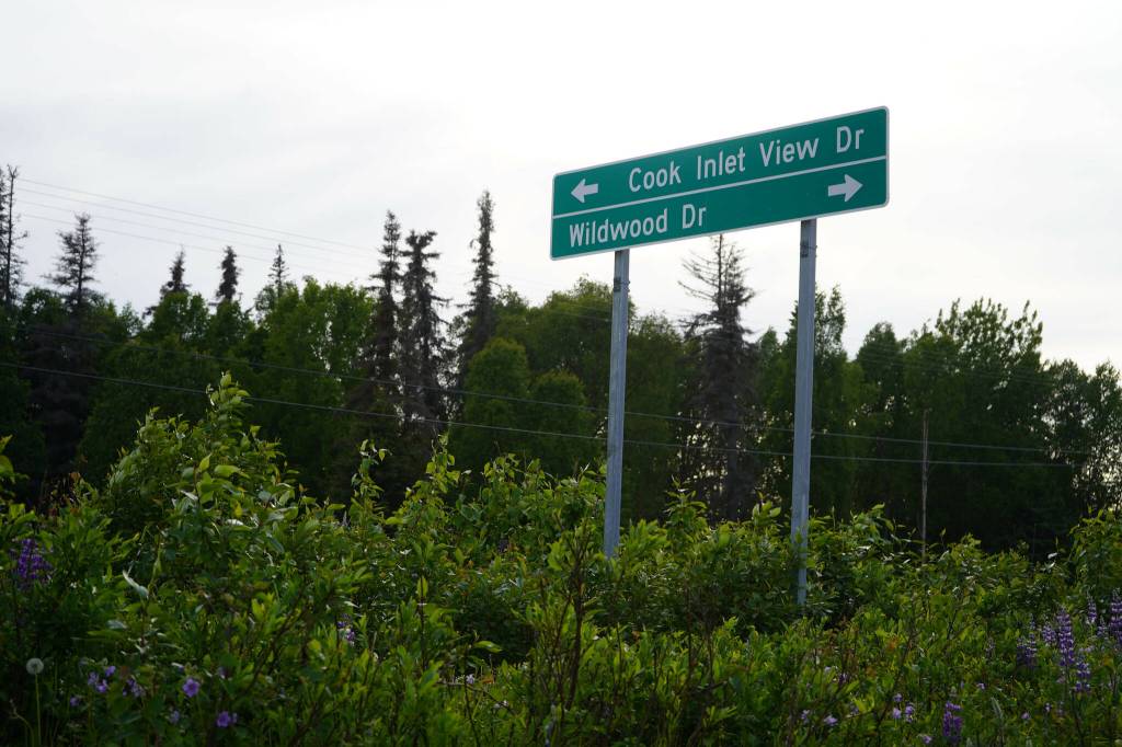 A sign announced Cook Inlet View Drive in Kenai, Alaska, on Wednesday, June 19, 2024. (Jake Dye/Peninsula Clarion)