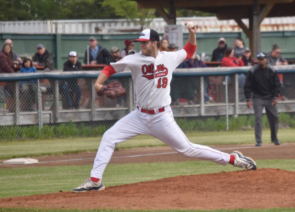 Peninsula Oilers pitcher Jacob Tabor delivers to the Mat-Su MIners on Thursday, June 20, 2024, at Coral Seymour Memorial Park in Kenai, Alaska. (Photo by Jeff Helminiak/Peninsula Clarion)
