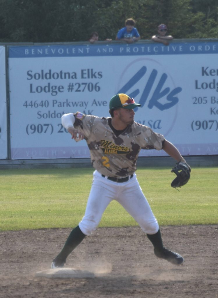 Mat-Su Miners shortstop Ryan Richard makes a force out against the Peninsula Oilers on Saturday, June 22, 2024, at Coral Seymour Memorial Park in Kenai, Alaska. (Photo by Jeff Helminiak/Peninsula Clarion)