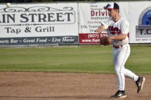 Peninsula Oilers second baseman Cole Dawson makes a play Saturday, June 22, 2024, at Coral Seymour Memorial Park in Kenai, Alaska. (Photo by Jeff Helminiak/Peninsula Clarion)