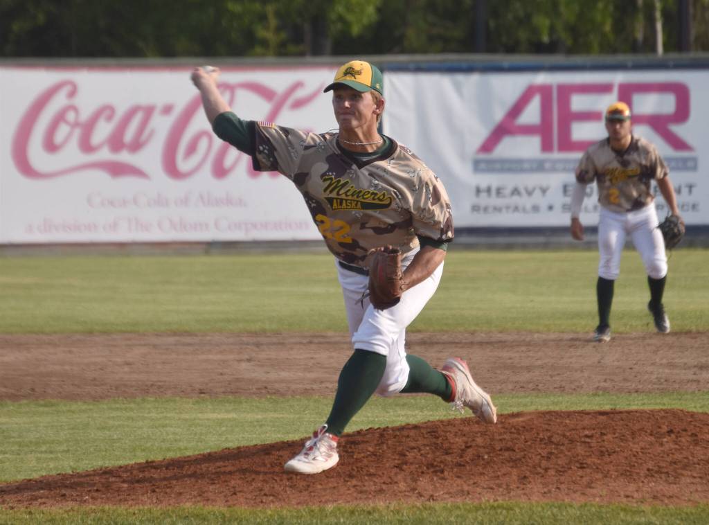 Mat-Su Miners starter Tucker Timmerman delivers to the Peninsula Oilers on Saturday, June 22, 2024, at Coral Seymour Memorial Park in Kenai, Alaska. (Photo by Jeff Helminiak/Peninsula Clarion)