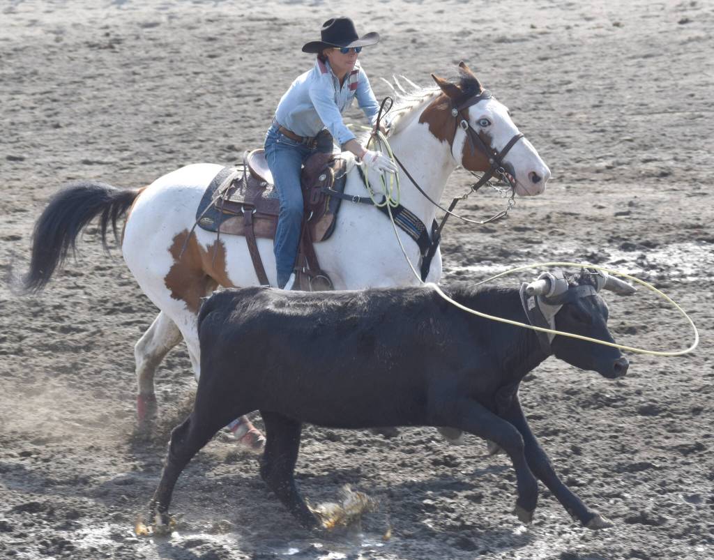 Corey Wilkinson competes in Team Roping on Saturday, June 22, 2024, at the second Soldotna Equestrian Association rodeo of the season at the Soldotna Rodeo Grounds in Soldotna, Alaska. (Photo by Jeff Helminiak/Peninsula Clarion)