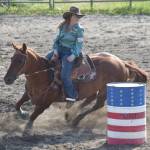 Jayda Williams competes in Barrel Racing on Saturday, June 22, 2024, at the second Soldotna Equestrian Association rodeo of the season at the Soldotna Rodeo Grounds in Soldotna, Alaska. (Photo by Jeff Helminiak/Peninsula Clarion)
