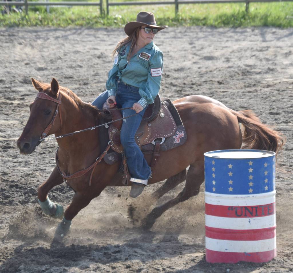 Jayda Williams competes in Barrel Racing on Saturday, June 22, 2024, at the second Soldotna Equestrian Association rodeo of the season at the Soldotna Rodeo Grounds in Soldotna, Alaska. (Photo by Jeff Helminiak/Peninsula Clarion)
