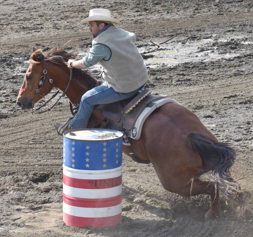 Jacob Fowler competes in Barrel Racing on Saturday, June 22, 2024, at the second Soldotna Equestrian Association rodeo of the season at the Soldotna Rodeo Grounds in Soldotna, Alaska. (Photo by Jeff Helminiak/Peninsula Clarion)