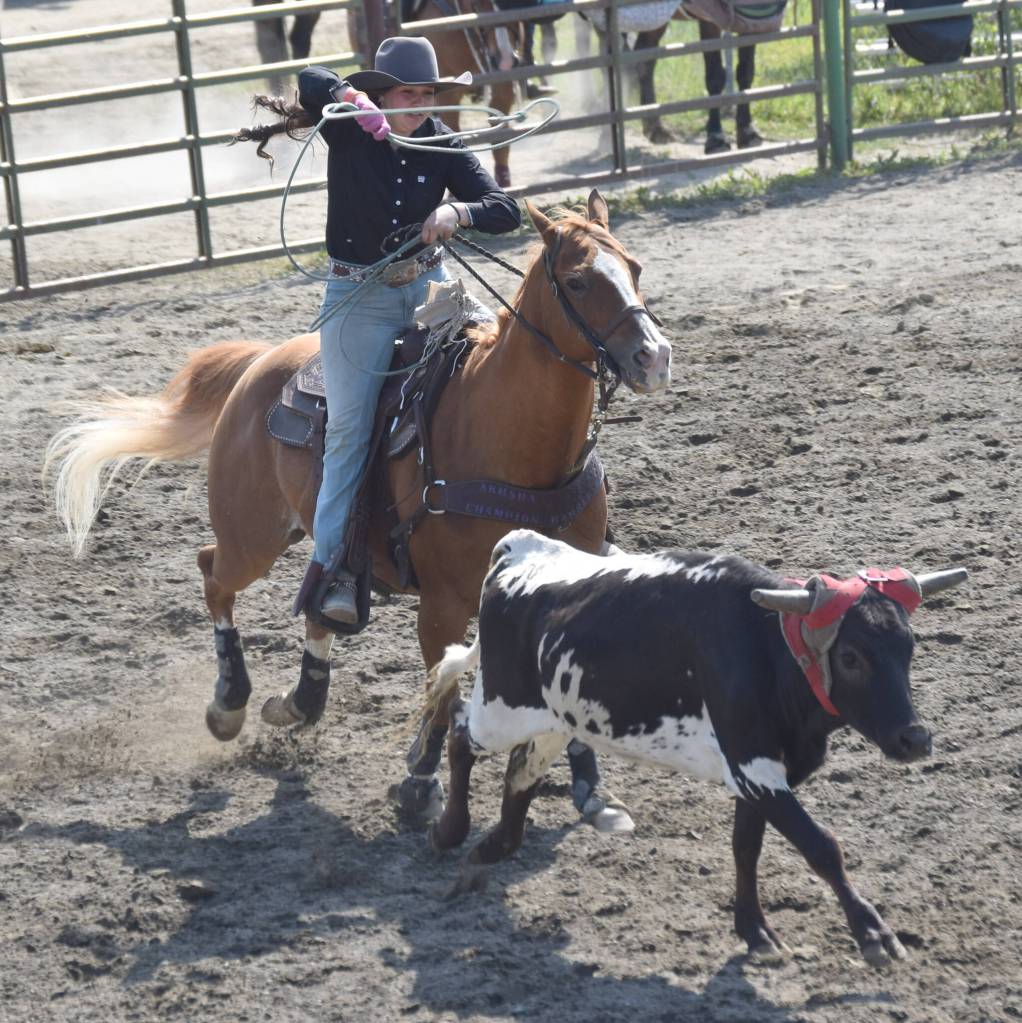 Destini Kitson competes in Breakaway Roping on Saturday, June 22, 2024, at the second Soldotna Equestrian Association rodeo of the season at the Soldotna Rodeo Grounds in Soldotna, Alaska. (Photo by Jeff Helminiak/Peninsula Clarion)