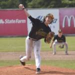 Service starting pitcher Hunter Christian delivers to Napoleon (Ohio) in the final of the Lance Coz Wood Bat Tournament on Monday, June 24, 2024, at Coral Seymour Memorial Park in Kenai, Alaska. (Photo by Jeff Helminiak/Peninsula Clarion)