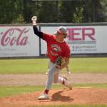 Napoleon (Ohio) River Bandits starting pitcher Abe DeLano delivers to Service in the final of the Lance Coz Wood Bat Tournament on Monday, June 24, 2024, at Coral Seymour Memorial Park in Kenai, Alaska. (Photo by Jeff Helminiak/Peninsula Clarion)