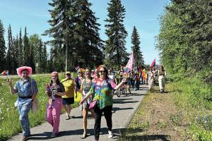 The Two-Spirit March, part of Soldotna Prides Pride in the Park, proceeds along Kalifornsky Beach Road in Soldotna<ins>, Alaska,</ins> on Saturday, June 22<ins>, 2024</ins>. (Photo by Michele Vasquez, provided by Soldotna Pride)