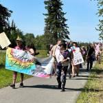 The Two-Spirit March, part of Soldotna Prides Pride in the Park, proceeds along Kalifornsky Beach Road in Soldotna, Alaska, on Saturday, June 22, 2024. (Photo by Michele Vasquez, provided by Soldotna Pride)
