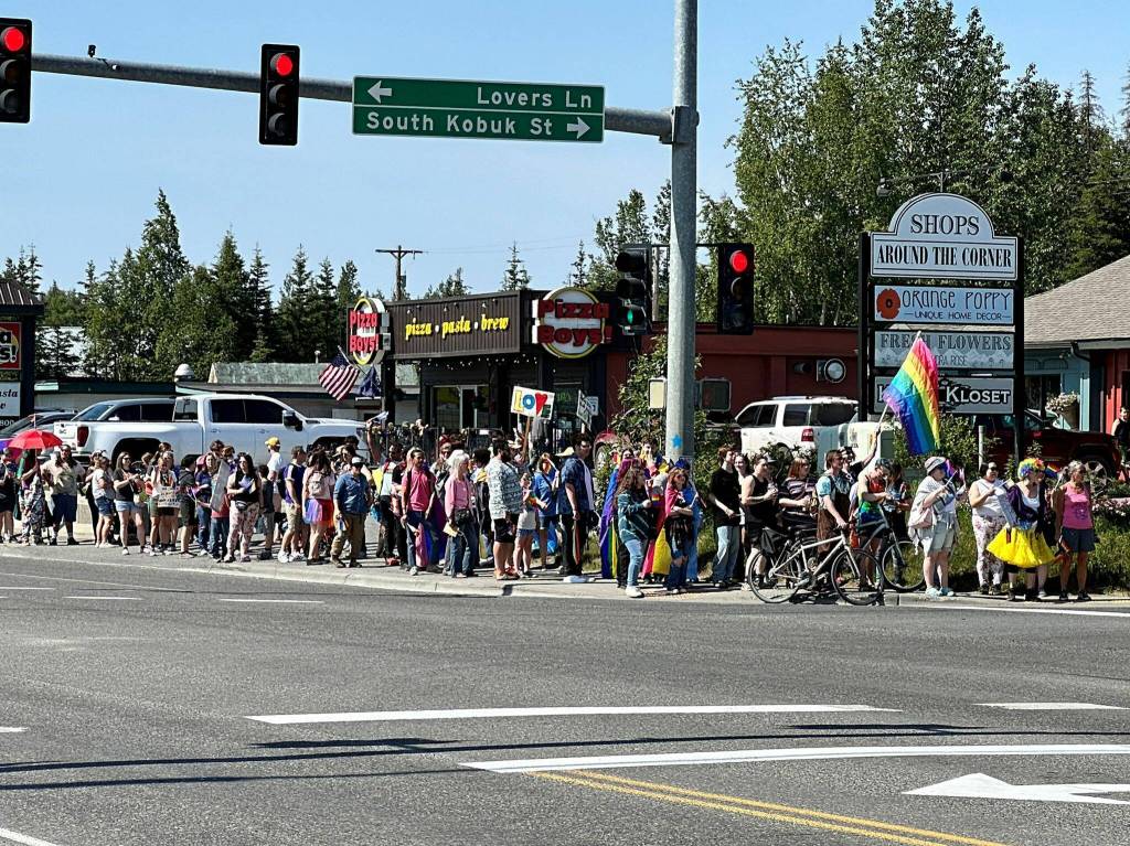 The Two-Spirit March, part of Soldotna Prides Pride in the Park, proceeds along the Sterling Highway in Soldotna, Alaska, on Saturday, June 22, 2024. (Photo by Michele Vasquez, provided by Soldotna Pride)