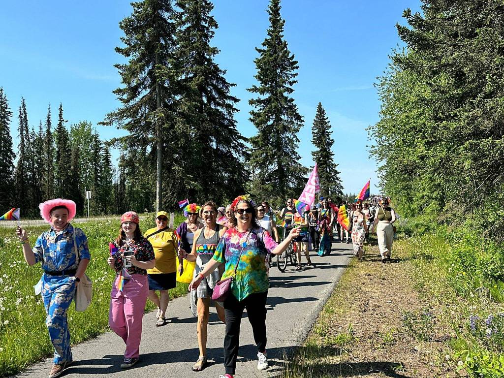 The Two-Spirit March, part of Soldotna Prides Pride in the Park, proceeds along Kalifornsky Beach Road in Soldotna, Alaska, on Saturday, June 22, 2024. (Photo by Michele Vasquez, provided by Soldotna Pride)