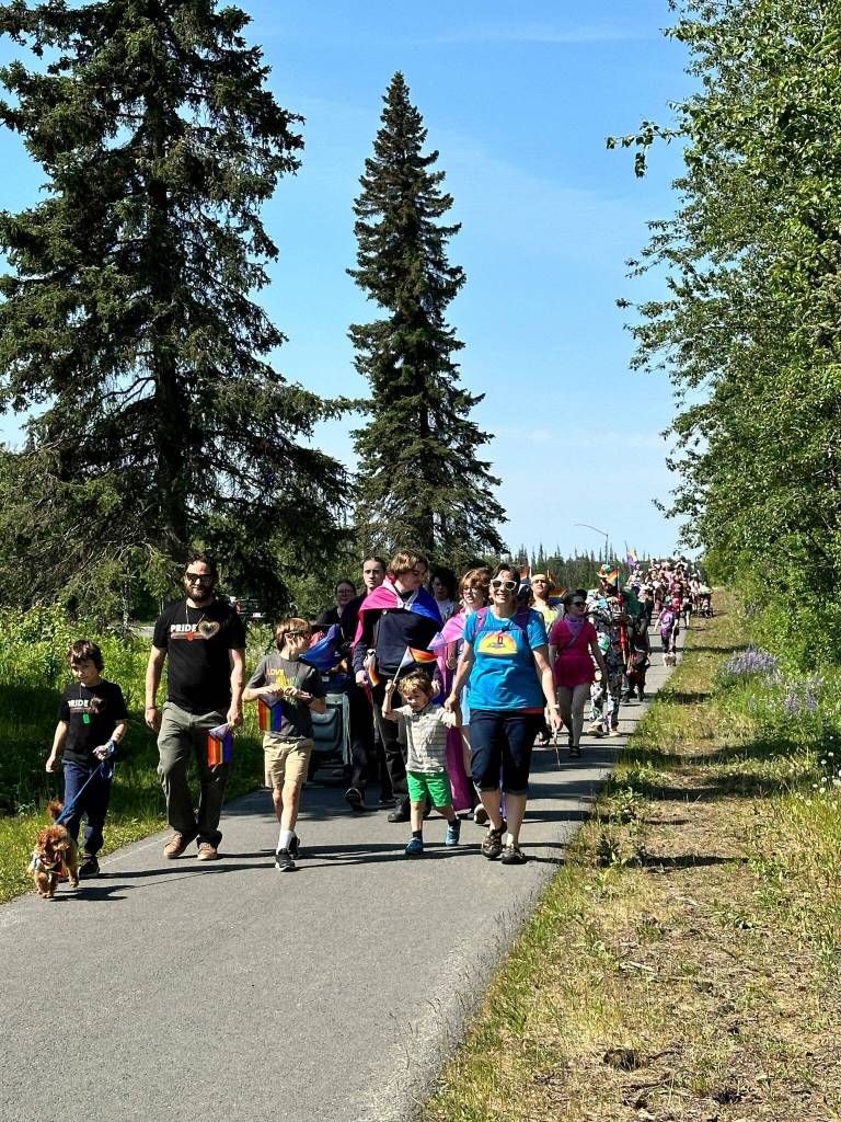 The Two-Spirit March, part of Soldotna Prides Pride in the Park, proceeds along Kalifornsky Beach Road in Soldotna, Alaska, on Saturday, June 22, 2024. (Photo by Michele Vasquez, provided by Soldotna Pride)
