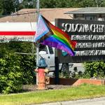 A progress flag flies at Soldotna Creek Park in Soldotna, Alaska, during Soldotna Prides Pride in the Park on Saturday, June 22, 2024. (Photo by Michele Vasquez, provided by Soldotna Pride)