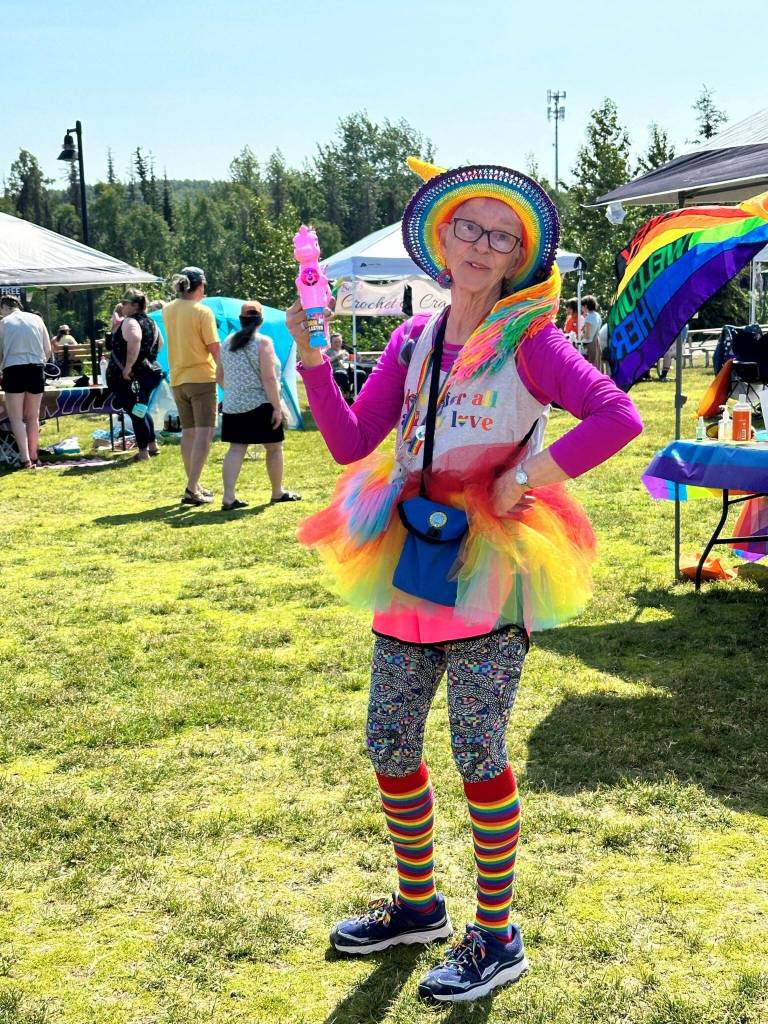 Attendees decked out in rainbow hues celebrate Soldotna Prides Pride in the Park at Soldotna Creek Park in Soldotna, Alaska, on Saturday, June 22, 2024. (Photo by Michele Vasquez, provided by Soldotna Pride)